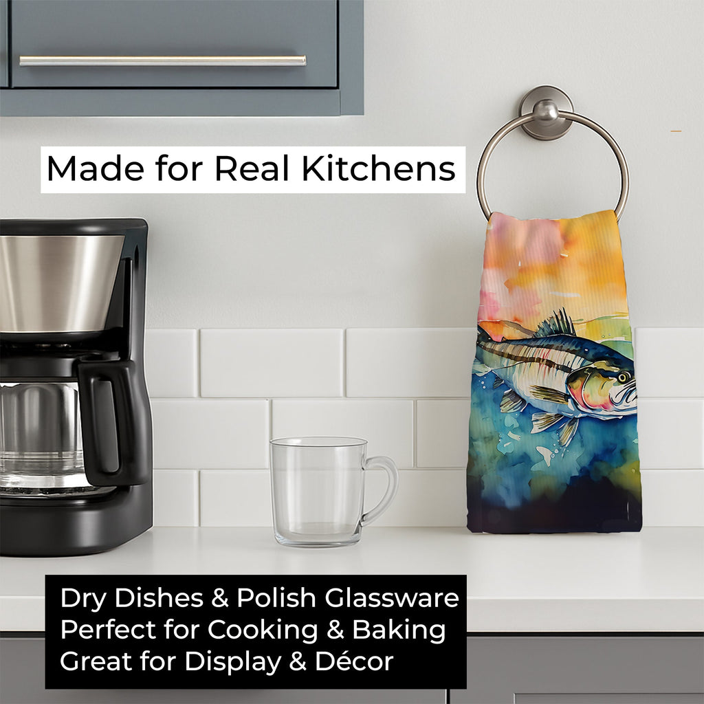 Striped Bass Kitchen Towel Velour Plush Front and Cotton Loop Back Machine Washable