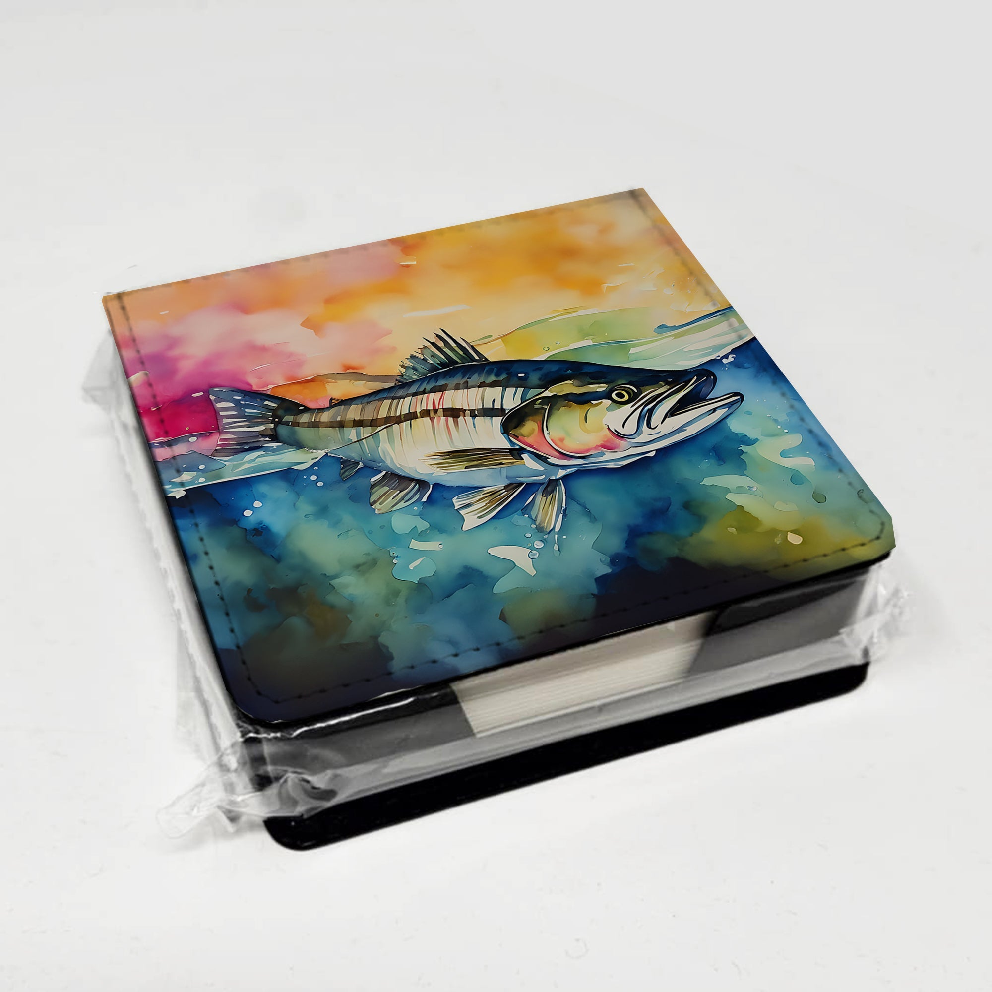 Striped Bass PU Leather Note Paper Holder with Artist-Designed Cover, Desk Accessory, Office Gift