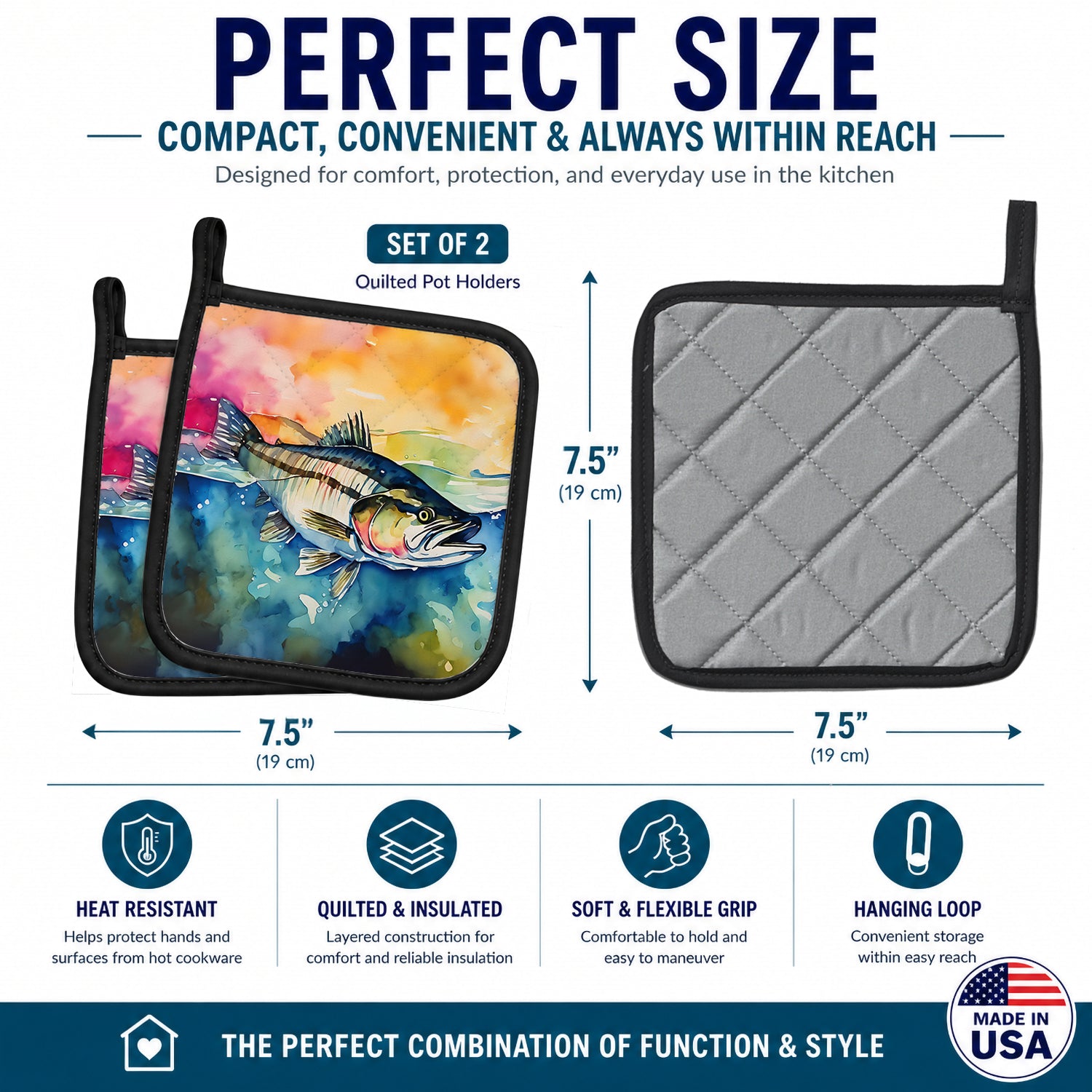Striped Bass Pot Holder Set of 2 Heat Resistant Quilted Hot Pads 7.5 x 7.5 Inch, Insulated Kitchen Trivets for Cooking & Baking