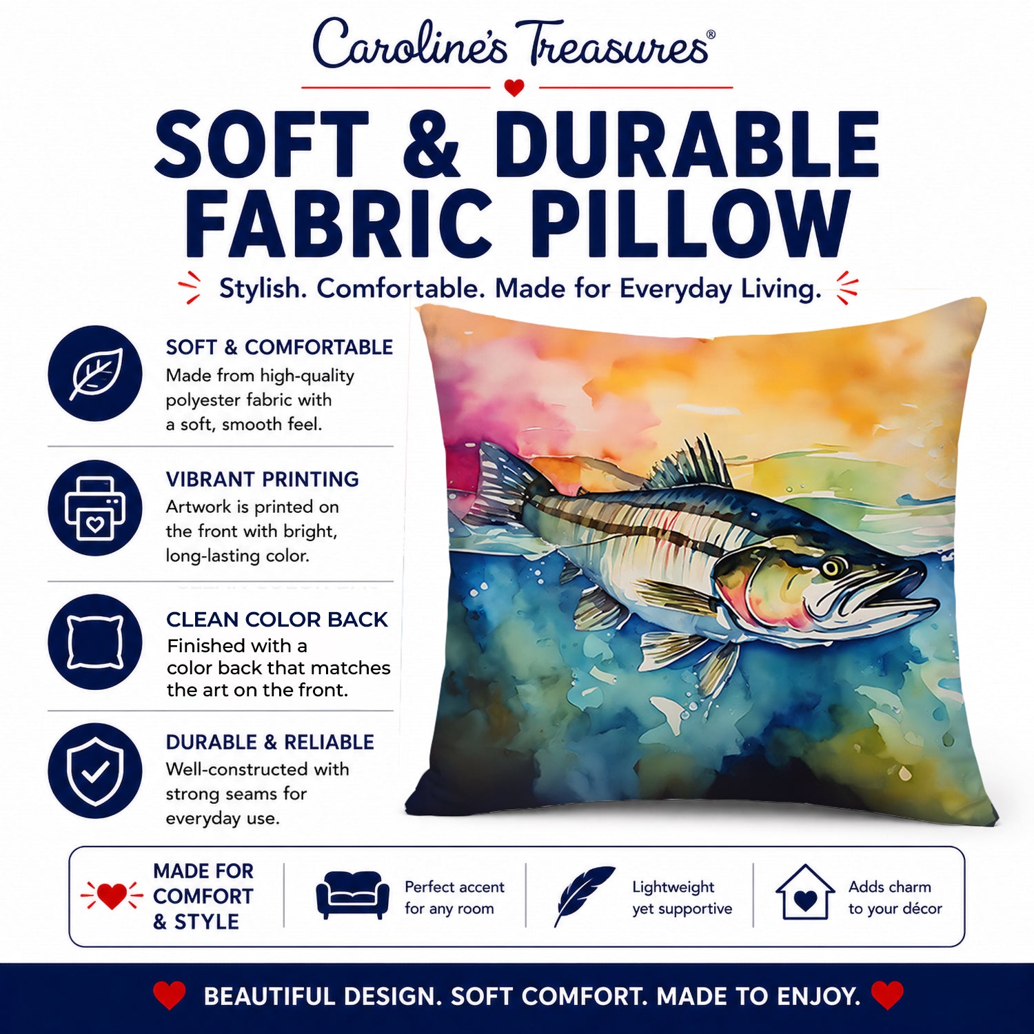 Striped Bass Decorative Throw Pillow 14x14 Indoor Outdoor Accent Cushion, Fabric Cover with Insert for Sofa, Bed, Porch & Living Room