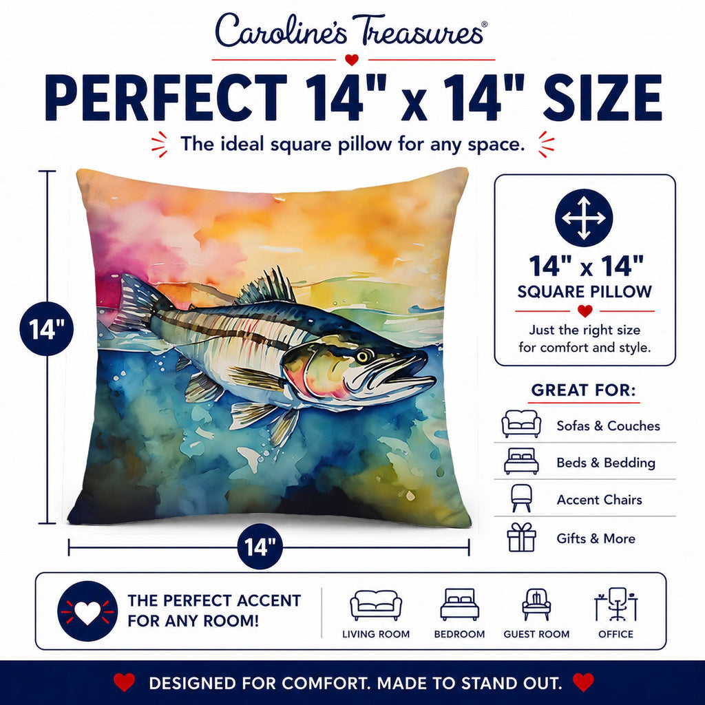 Striped Bass Decorative Throw Pillow 14x14 Indoor Outdoor Accent Cushion, Fabric Cover with Insert for Sofa, Bed, Porch & Living Room