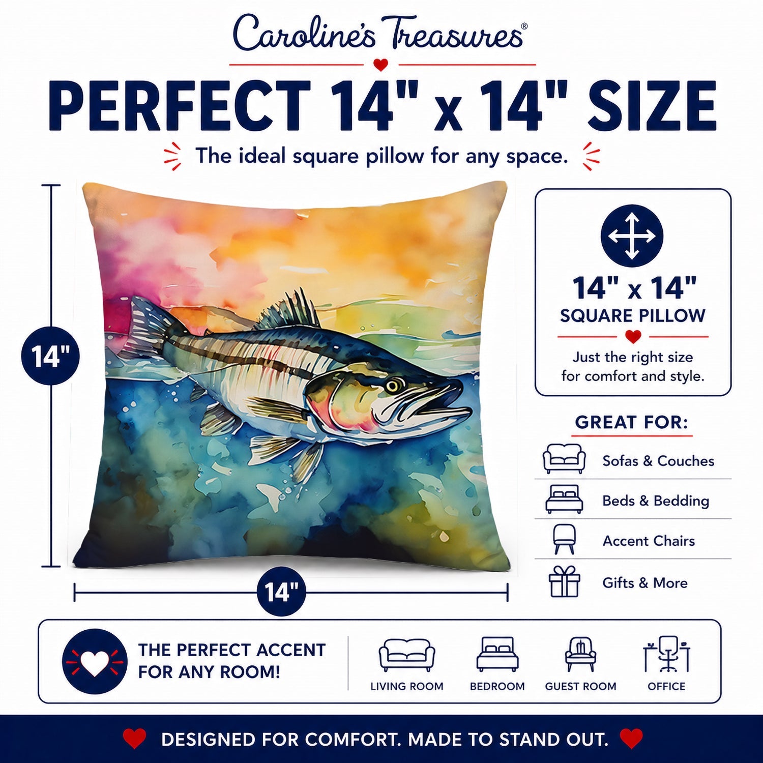 Striped Bass Decorative Throw Pillow 14x14 Indoor Outdoor Accent Cushion, Fabric Cover with Insert for Sofa, Bed, Porch & Living Room