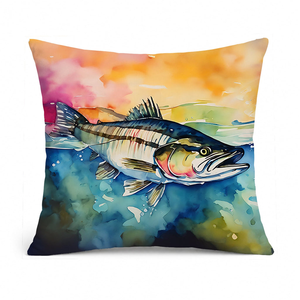 Striped Bass Decorative Throw Pillow 14x14 Indoor Outdoor Accent Cushion, Fabric Cover with Insert for Sofa, Bed, Porch & Living Room