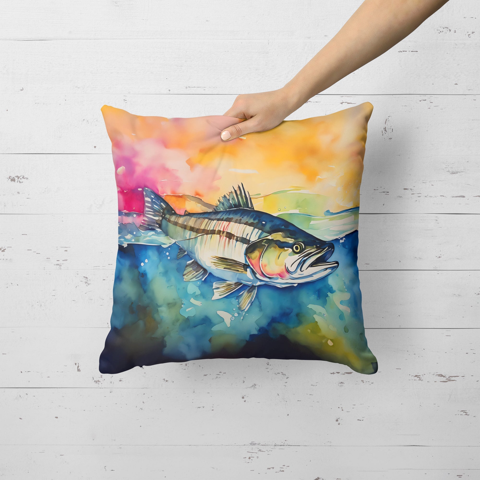 Striped Bass Decorative Throw Pillow 18x18 Indoor Outdoor Accent Cushion, Fabric Cover with Insert for Sofa, Bed, Porch & Living Room