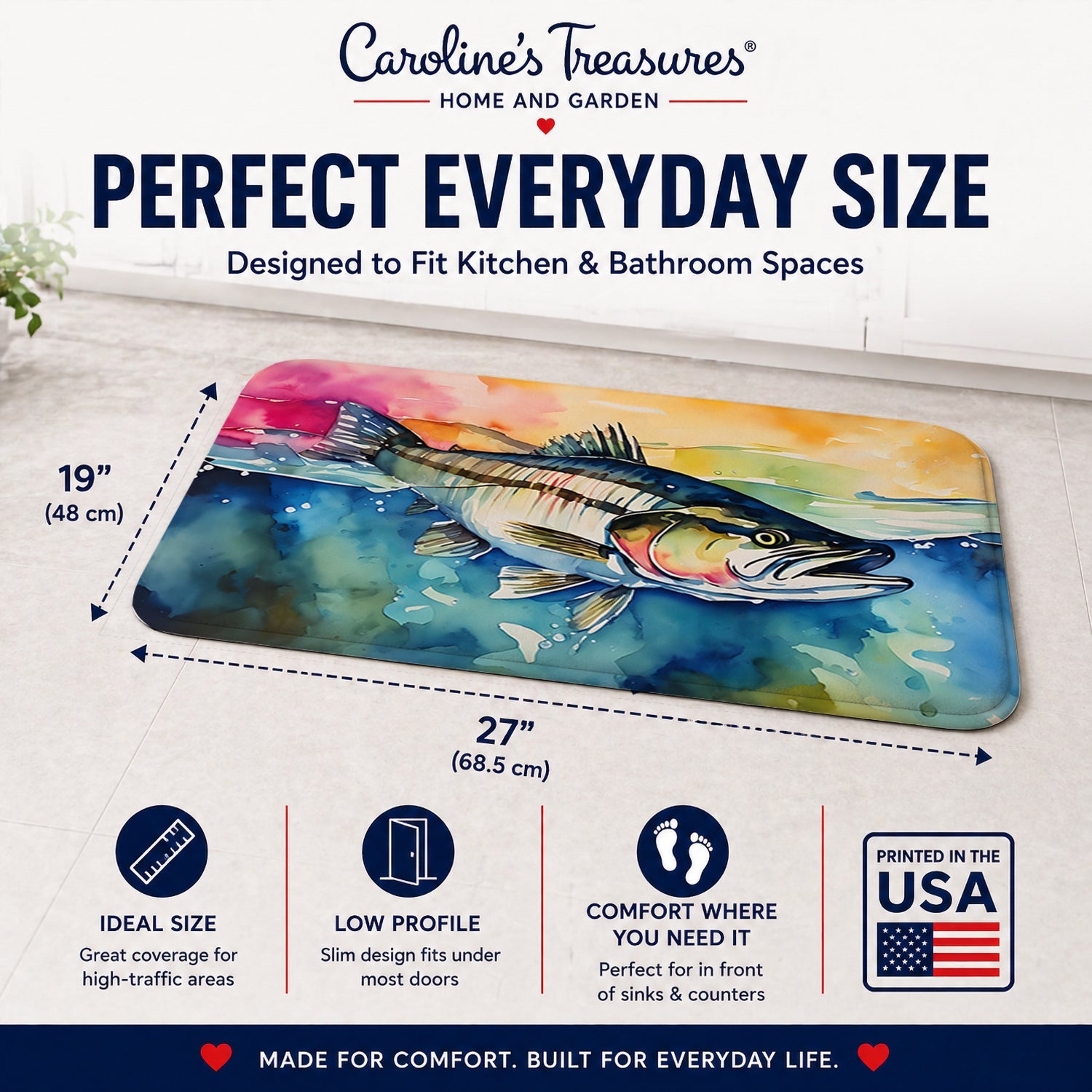 Striped Bass Memory Foam Kitchen Mat Machine Washable Anti-Fatigue Cushion Comfort Bath or Kitchen Rug