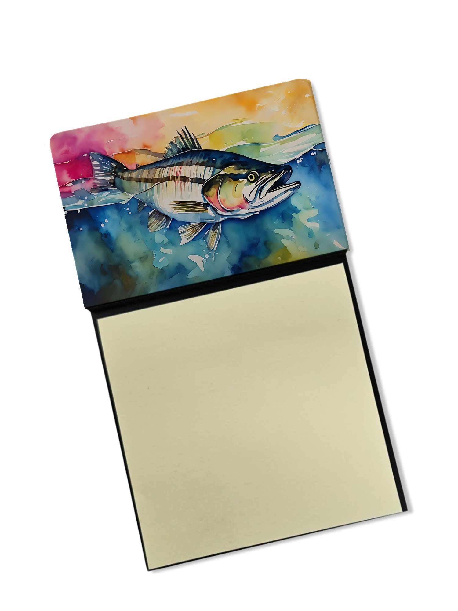 Striped Bass Watercolor Sticky Note Holder Refillable Dispenser Desk Accessory 3x3 Pad Gift