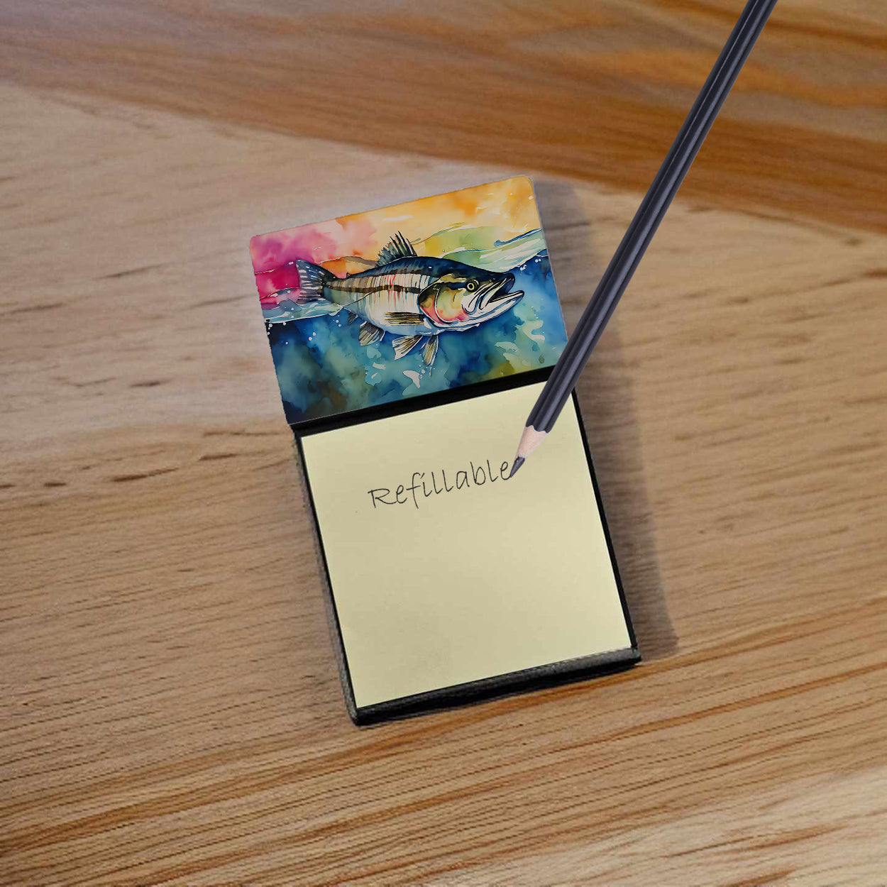 Striped Bass Watercolor Sticky Note Holder Refillable Dispenser Desk Accessory 3x3 Pad Gift