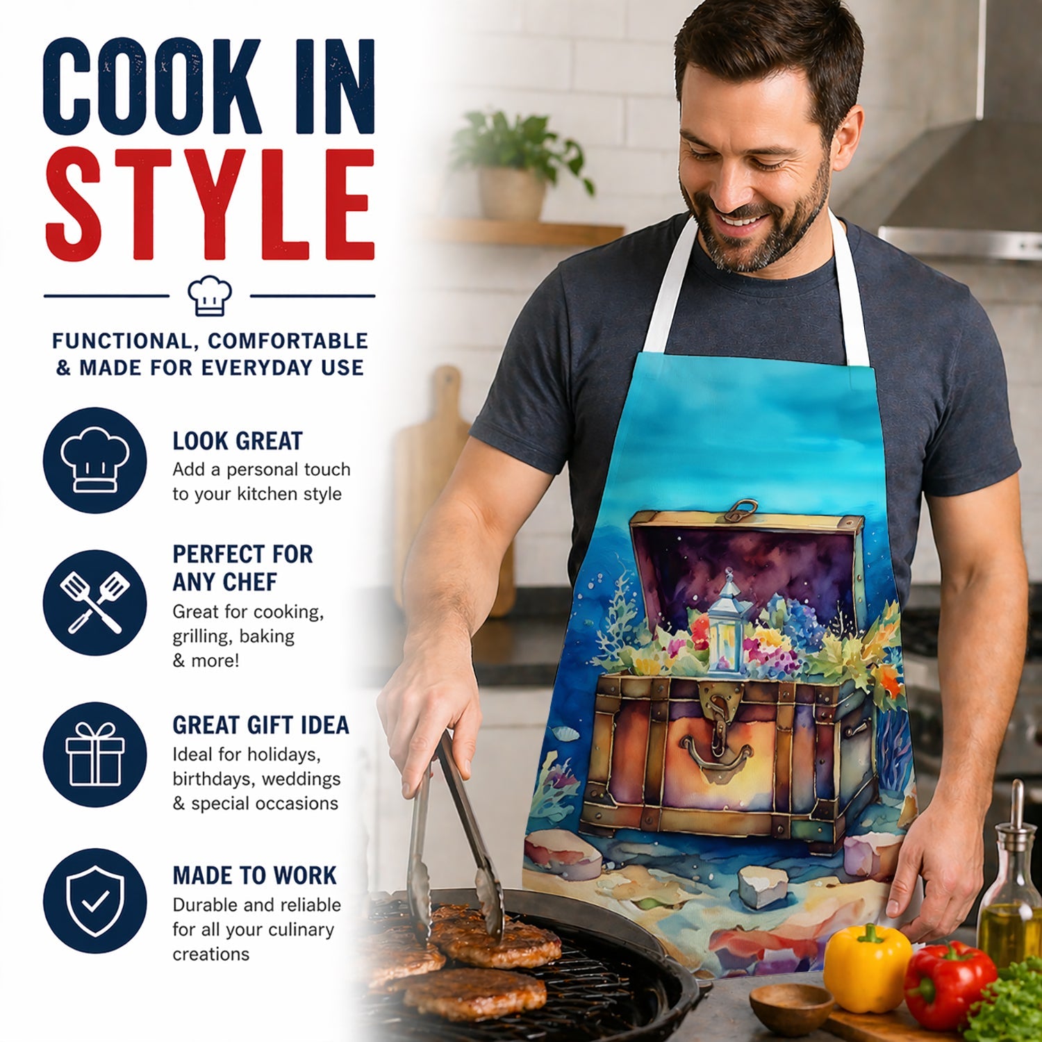 Treasure Chest Apron Cooking Kitchen Server Baking Crafts Gardening for Adult Women Men, Unisex, Large, Multicolor