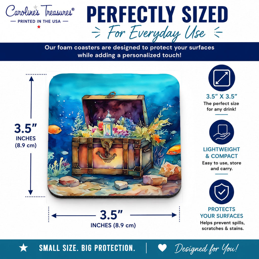 Treasure Chest Foam Coasters Set of 4 Cup Coasters for Indoor Outdoor, Tabletop Protection, Anti Slip, Mouse pad Material
