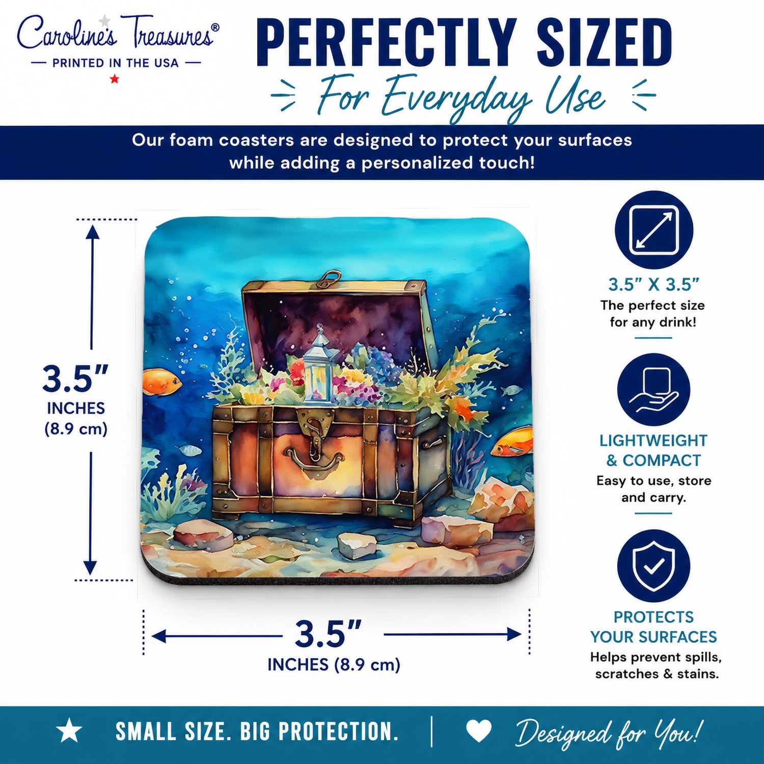 Treasure Chest Foam Coasters Set of 4 Cup Coasters for Indoor Outdoor, Tabletop Protection, Anti Slip, Mouse pad Material