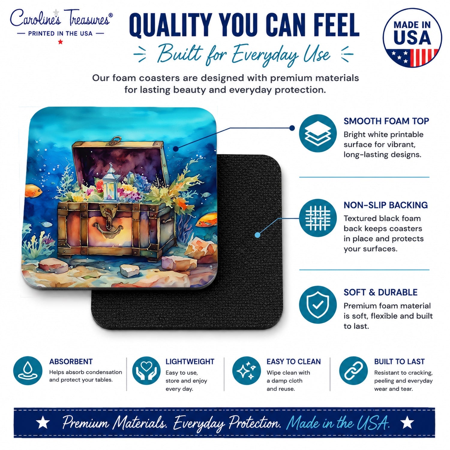 Treasure Chest Foam Coasters Set of 4 Cup Coasters for Indoor Outdoor, Tabletop Protection, Anti Slip, Mouse pad Material