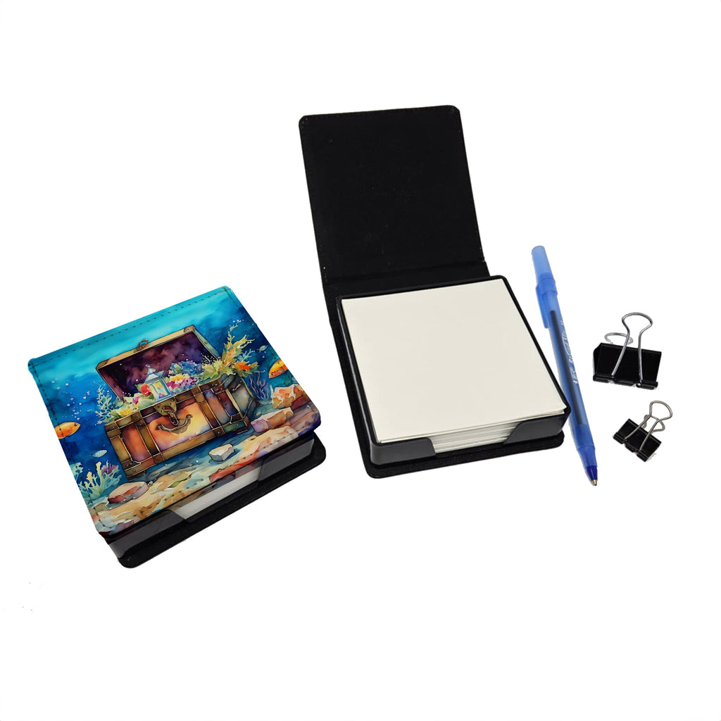 Treasure Chest PU Leather Note Paper Holder with Artist-Designed Cover, Desk Accessory, Office Gift
