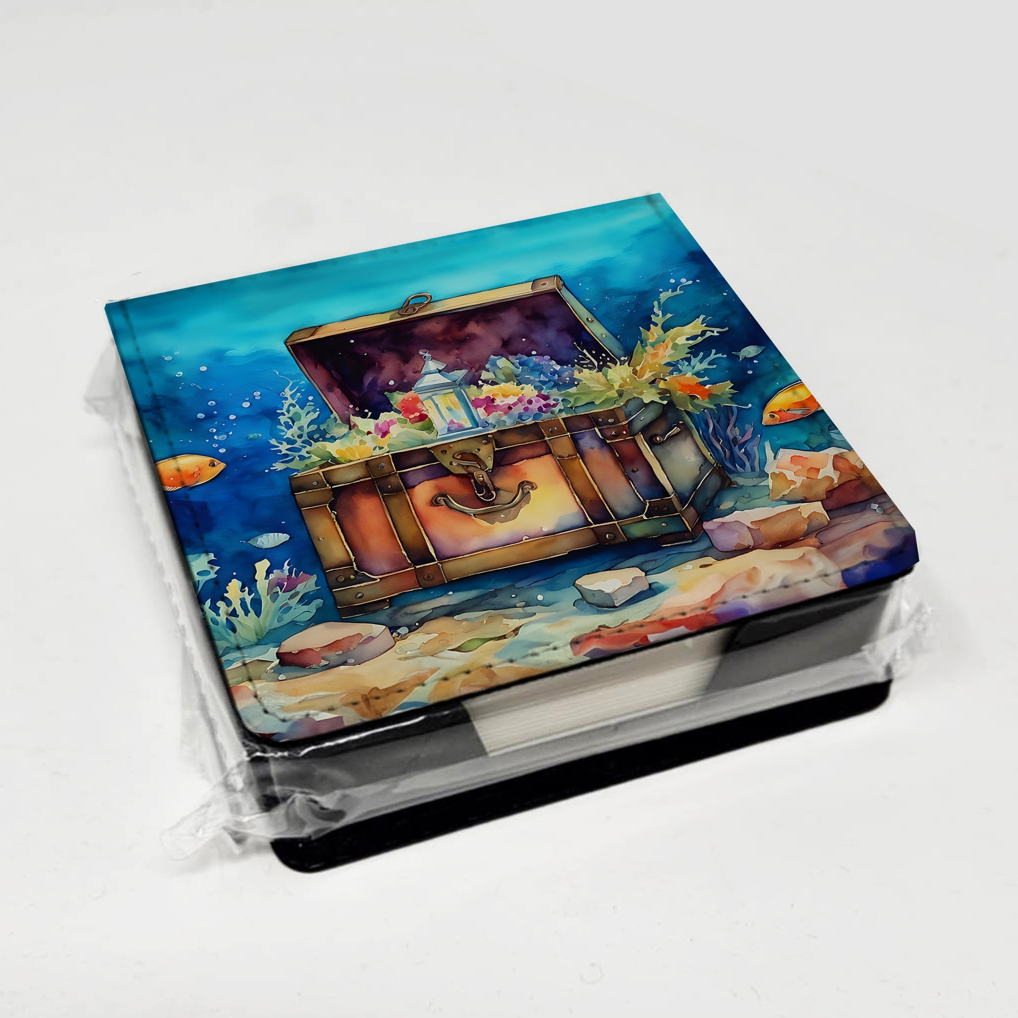 Treasure Chest PU Leather Note Paper Holder with Artist-Designed Cover, Desk Accessory, Office Gift