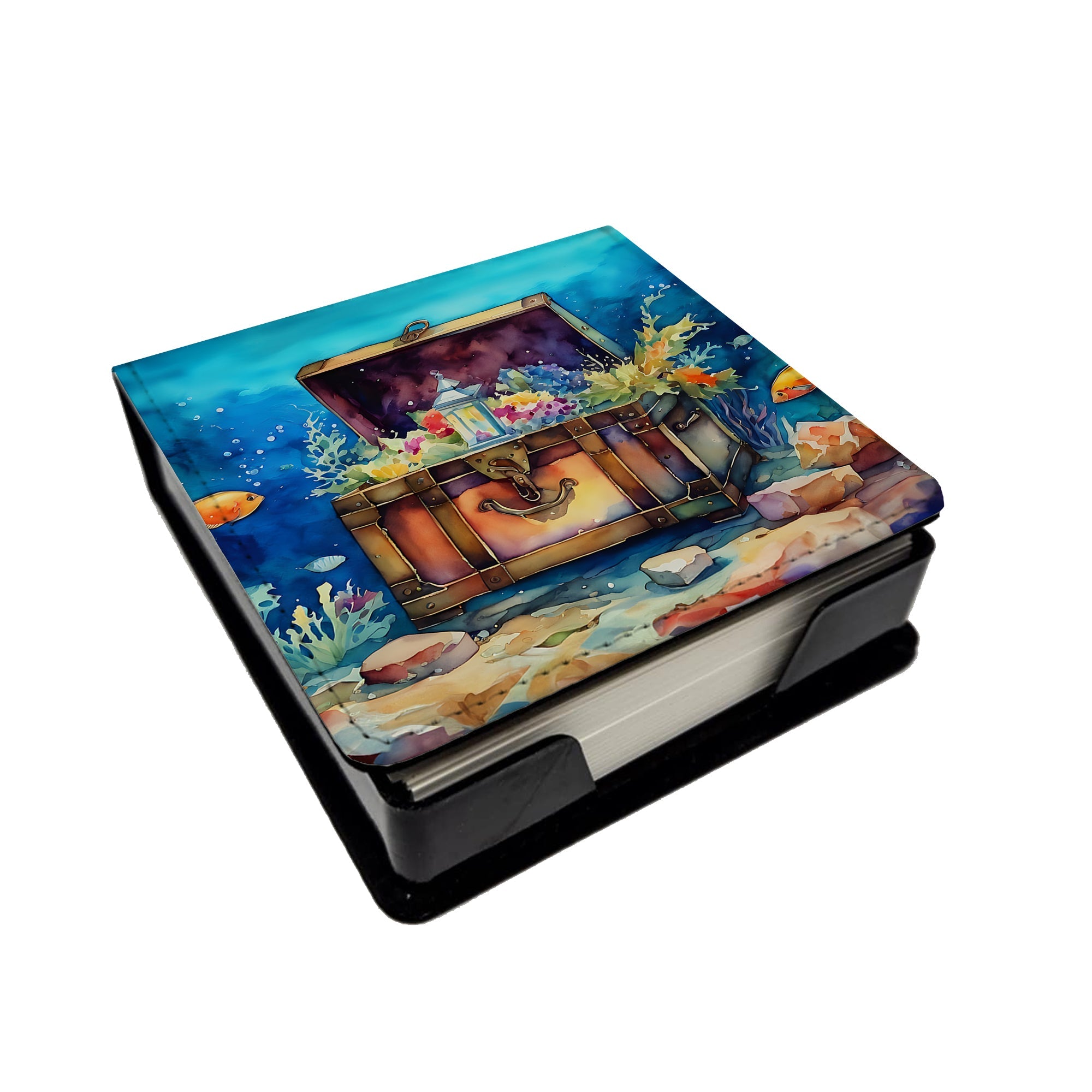 Treasure Chest PU Leather Note Paper Holder with Artist-Designed Cover, Desk Accessory, Office Gift