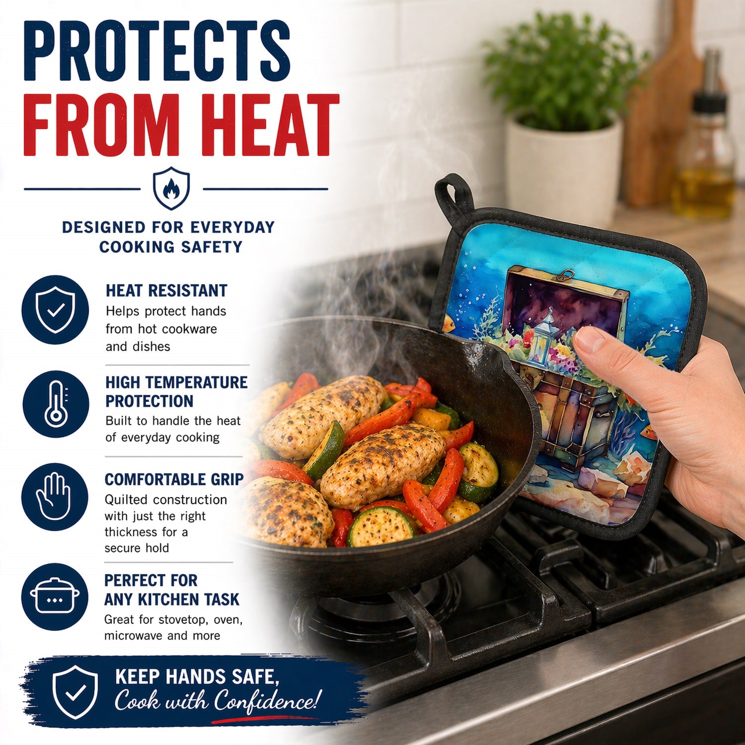 Treasure Chest Pot Holder Set of 2 Heat Resistant Quilted Hot Pads 7.5 x 7.5 Inch, Insulated Kitchen Trivets for Cooking & Baking