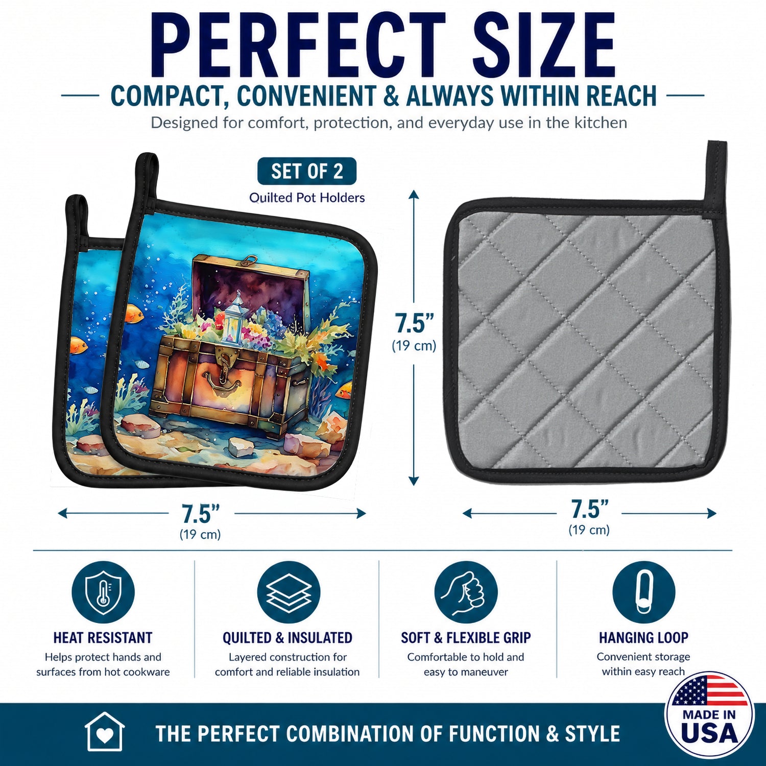 Treasure Chest Pot Holder Set of 2 Heat Resistant Quilted Hot Pads 7.5 x 7.5 Inch, Insulated Kitchen Trivets for Cooking & Baking