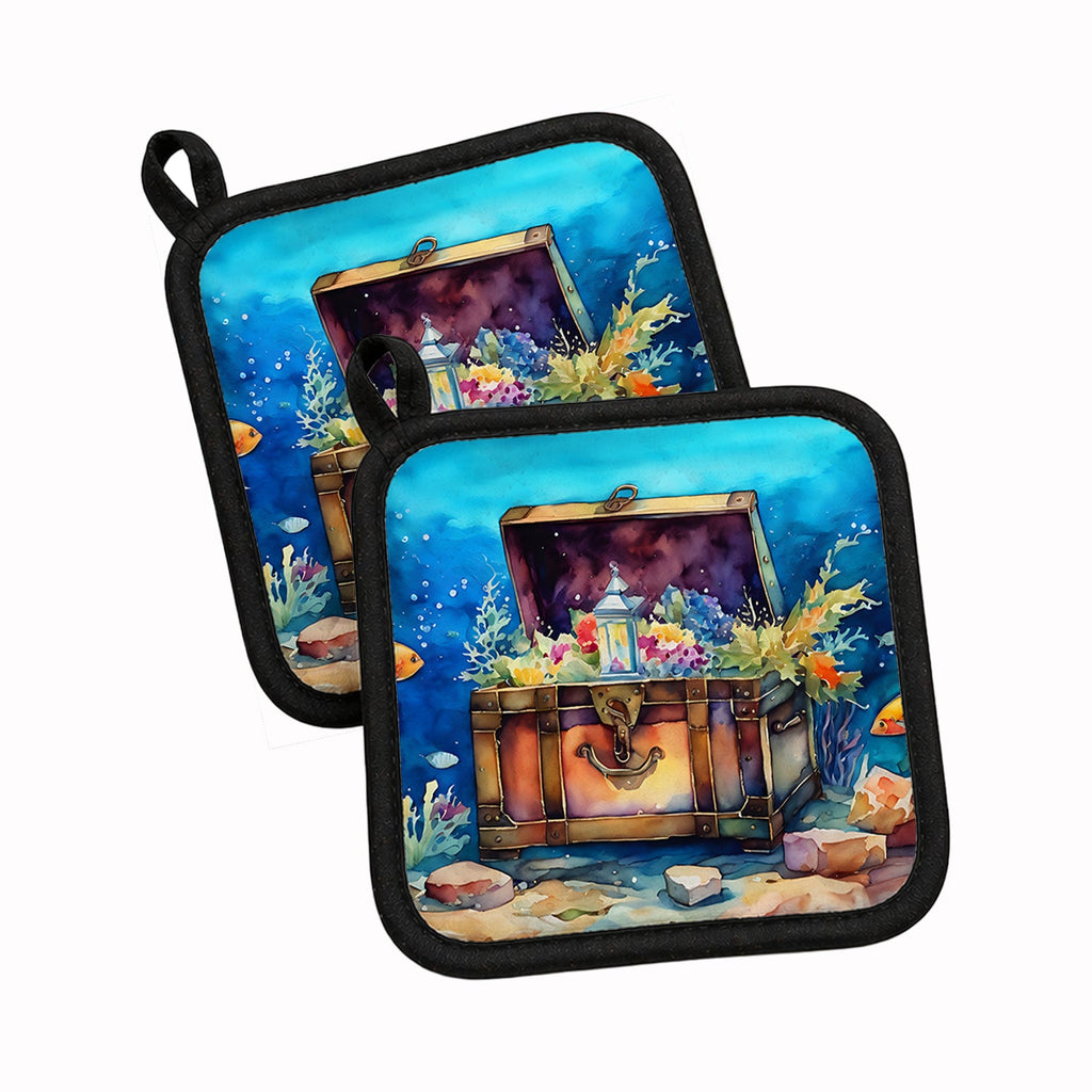 Treasure Chest Pot Holder Set of 2 Heat Resistant Quilted Hot Pads 7.5 x 7.5 Inch, Insulated Kitchen Trivets for Cooking & Baking