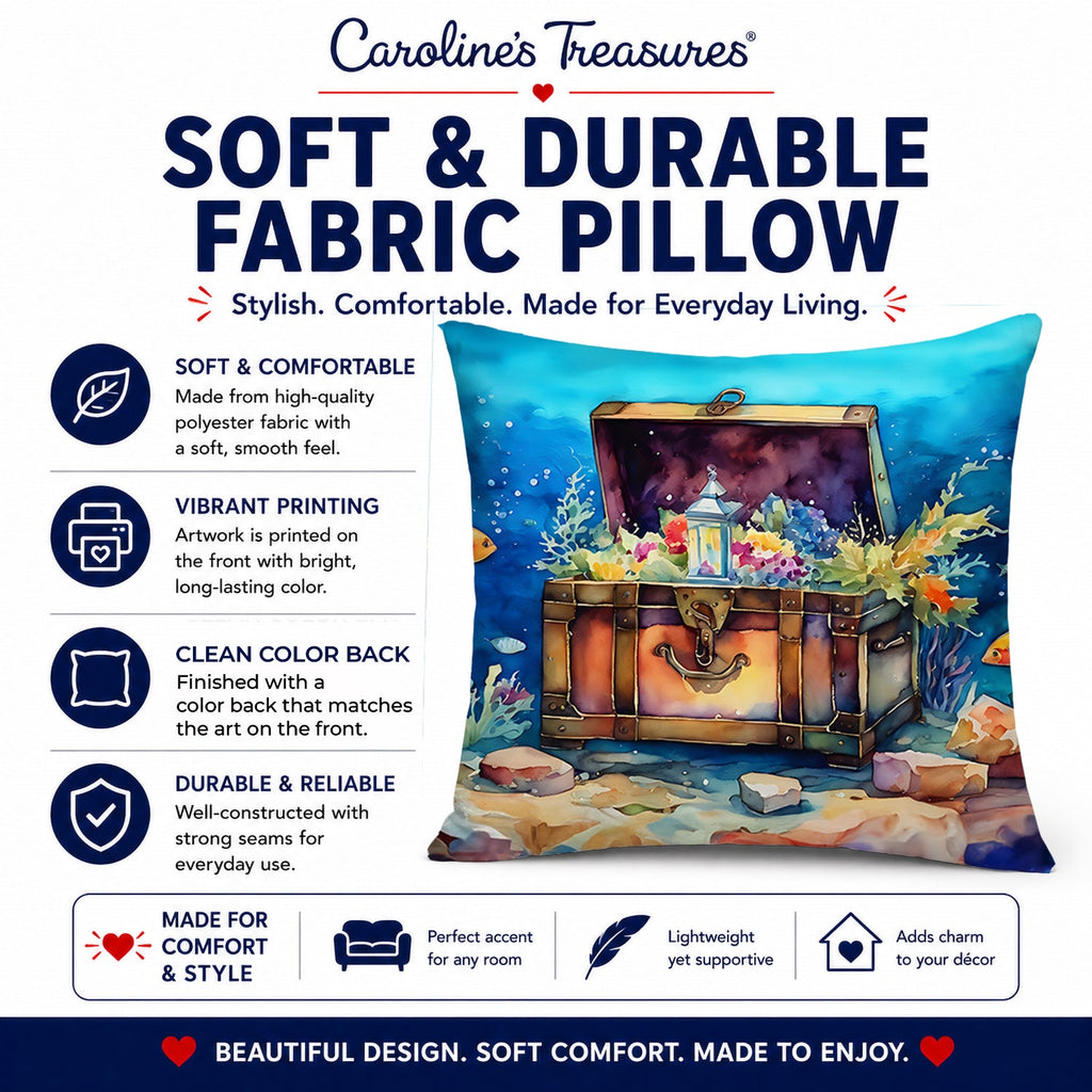 Treasure Chest Decorative Throw Pillow 14x14 Indoor Outdoor Accent Cushion, Fabric Cover with Insert for Sofa, Bed, Porch & Living Room