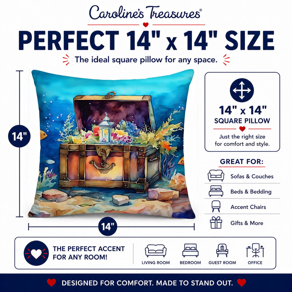 Treasure Chest Decorative Throw Pillow 14x14 Indoor Outdoor Accent Cushion, Fabric Cover with Insert for Sofa, Bed, Porch & Living Room