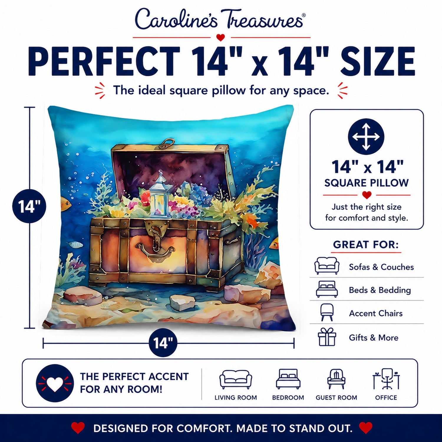Treasure Chest Decorative Throw Pillow 14x14 Indoor Outdoor Accent Cushion, Fabric Cover with Insert for Sofa, Bed, Porch & Living Room