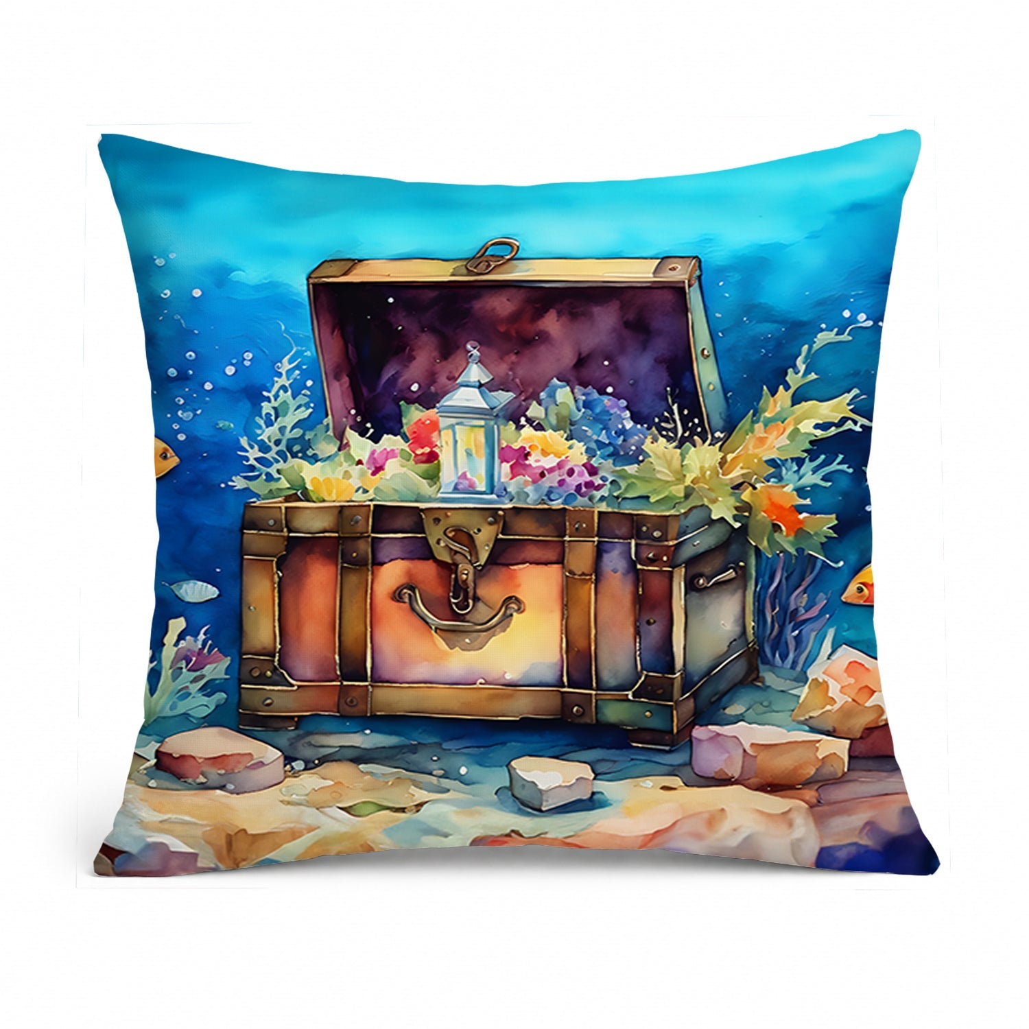 Treasure Chest Decorative Throw Pillow 14x14 Indoor Outdoor Accent Cushion, Fabric Cover with Insert for Sofa, Bed, Porch & Living Room