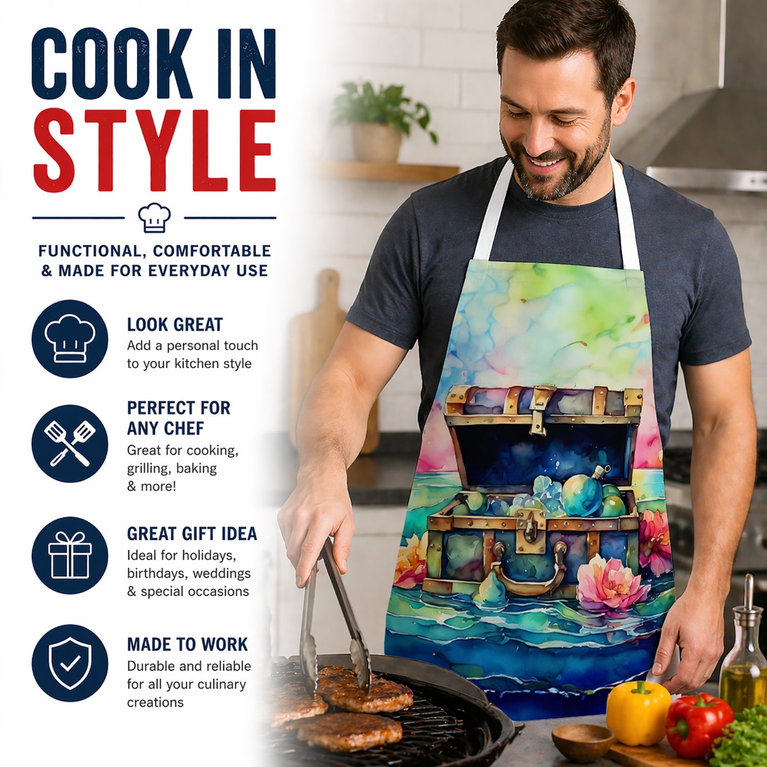 Treasure Chest Apron Cooking Kitchen Server Baking Crafts Gardening for Adult Women Men, Unisex, Large, Multicolor
