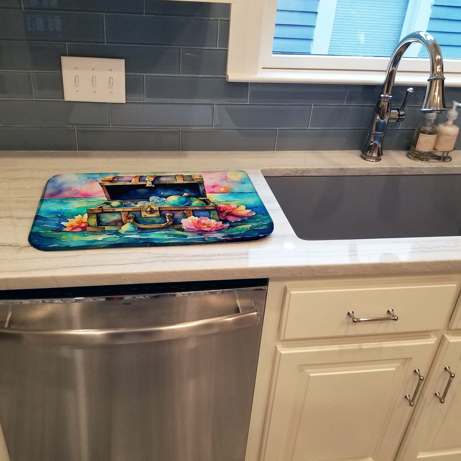 Treasure Chest Dish Drying Mat Absorbent Dish Drying Mat Pad for Kitchen Counter Dish Drainer Mat for Countertop, 14 x 21", Multicolor