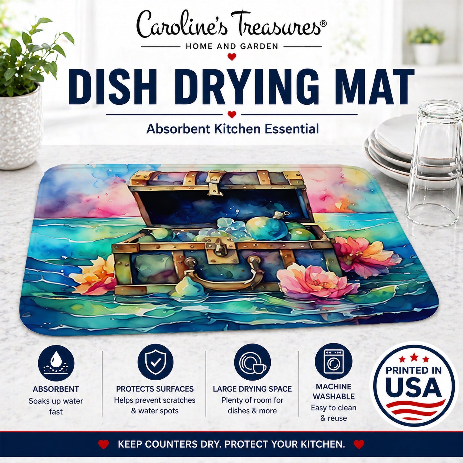 Treasure Chest Dish Drying Mat Absorbent Dish Drying Mat Pad for Kitchen Counter Dish Drainer Mat for Countertop, 14 x 21", Multicolor