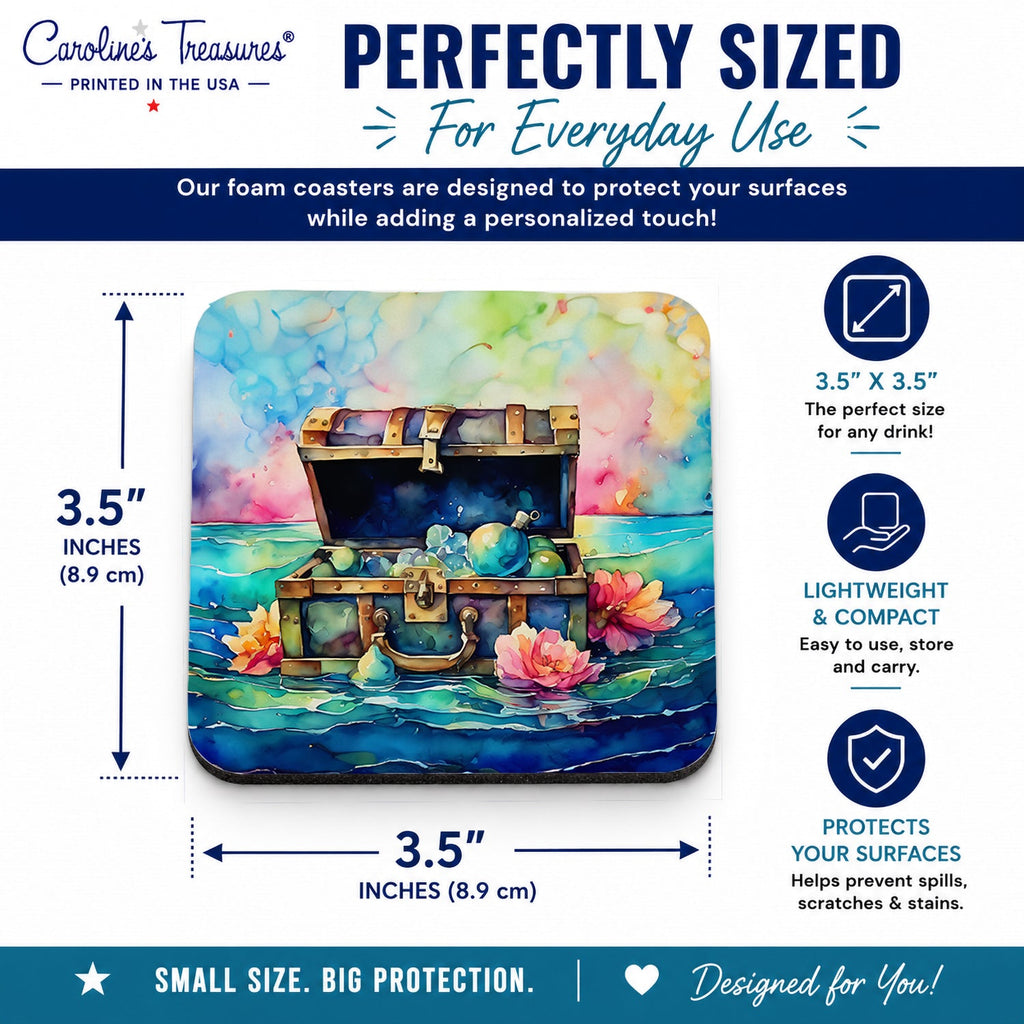 Treasure Chest Foam Coasters Set of 4 Cup Coasters for Indoor Outdoor, Tabletop Protection, Anti Slip, Mouse pad Material