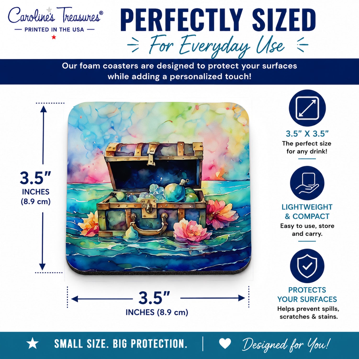 Treasure Chest Foam Coasters Set of 4 Cup Coasters for Indoor Outdoor, Tabletop Protection, Anti Slip, Mouse pad Material