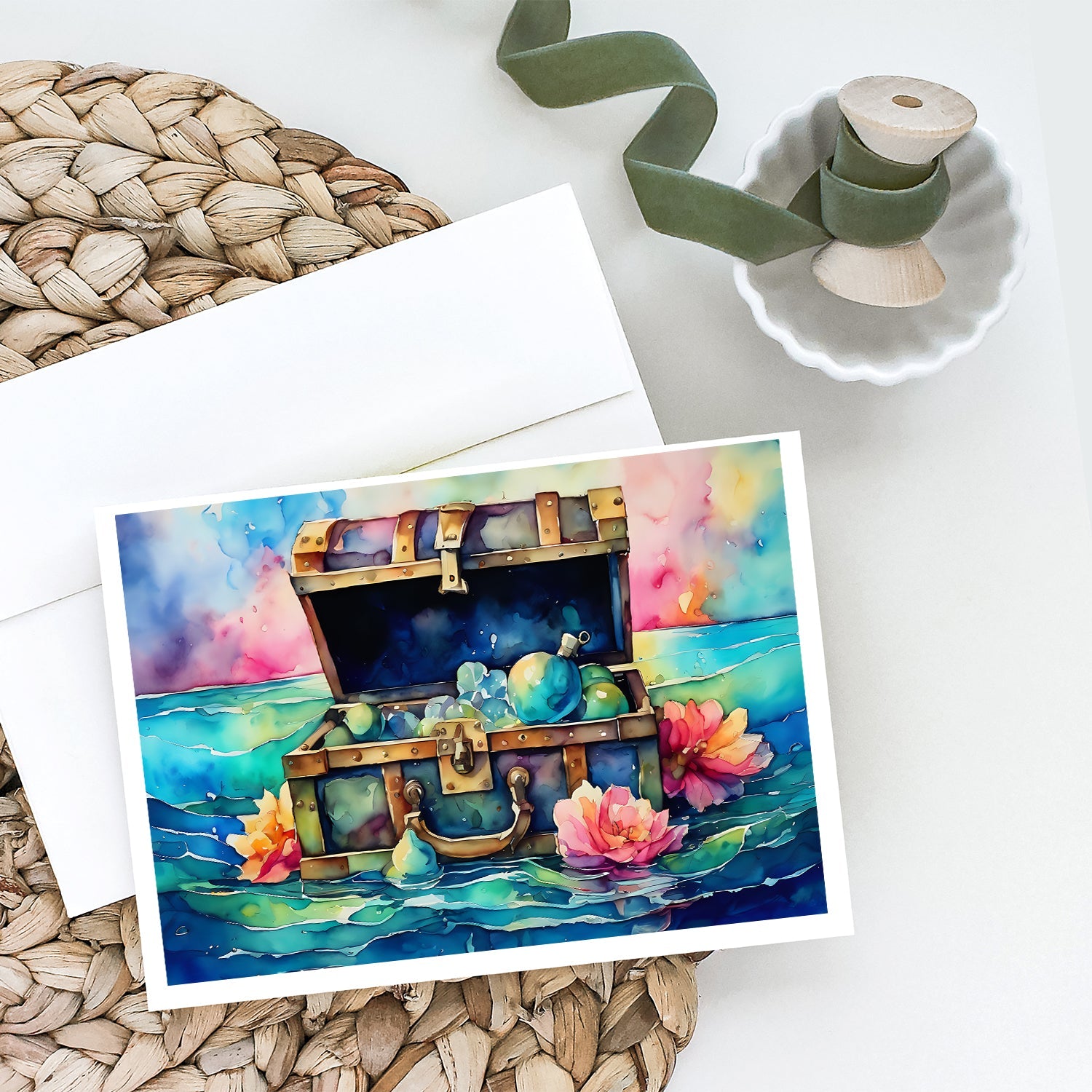 Treasure Chest Greeting Cards Pack of 8 Blank Cards with Envelopes Whimsical A7 Size 5x7