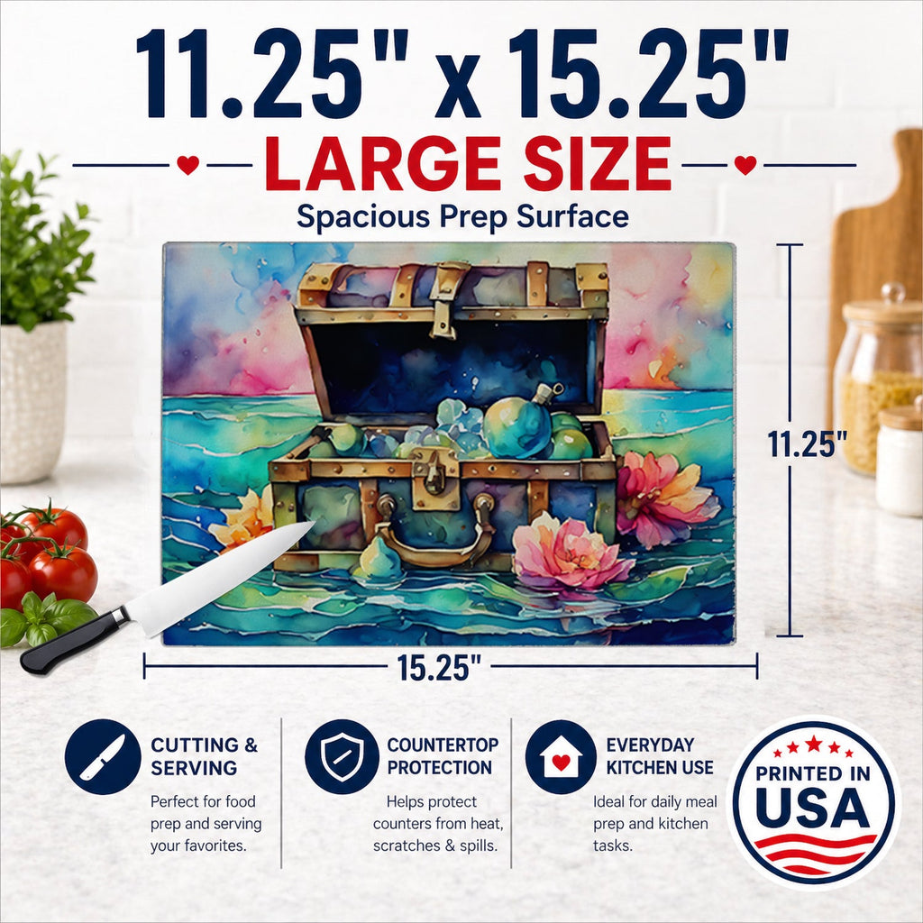 Treasure Chest Cutting Board Tempered Glass Kitchen Cutting Surface, Heat Resistant Chopping, Non-Slip Feet, Food Prep & Serving