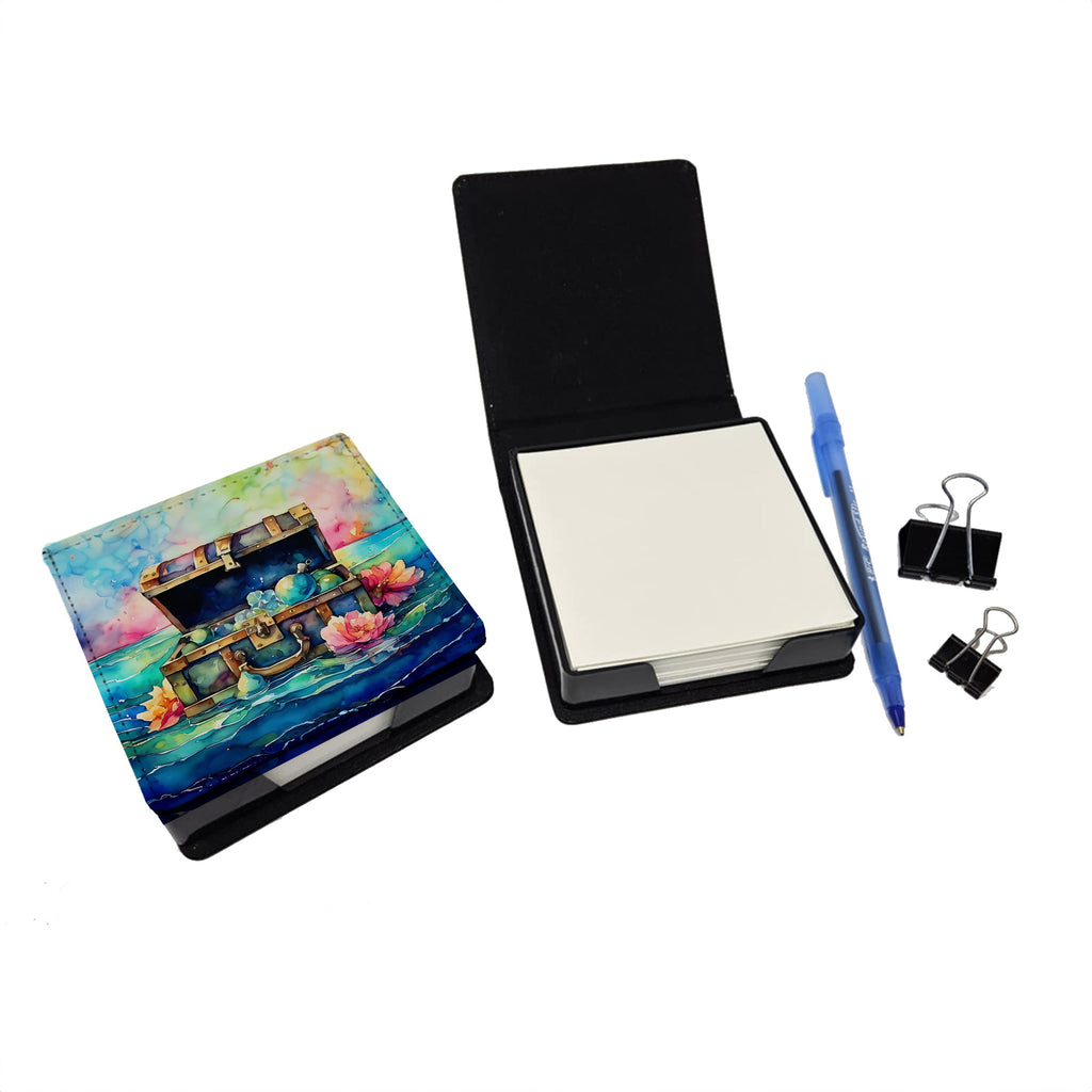 Treasure Chest PU Leather Note Paper Holder with Artist-Designed Cover, Desk Accessory, Office Gift