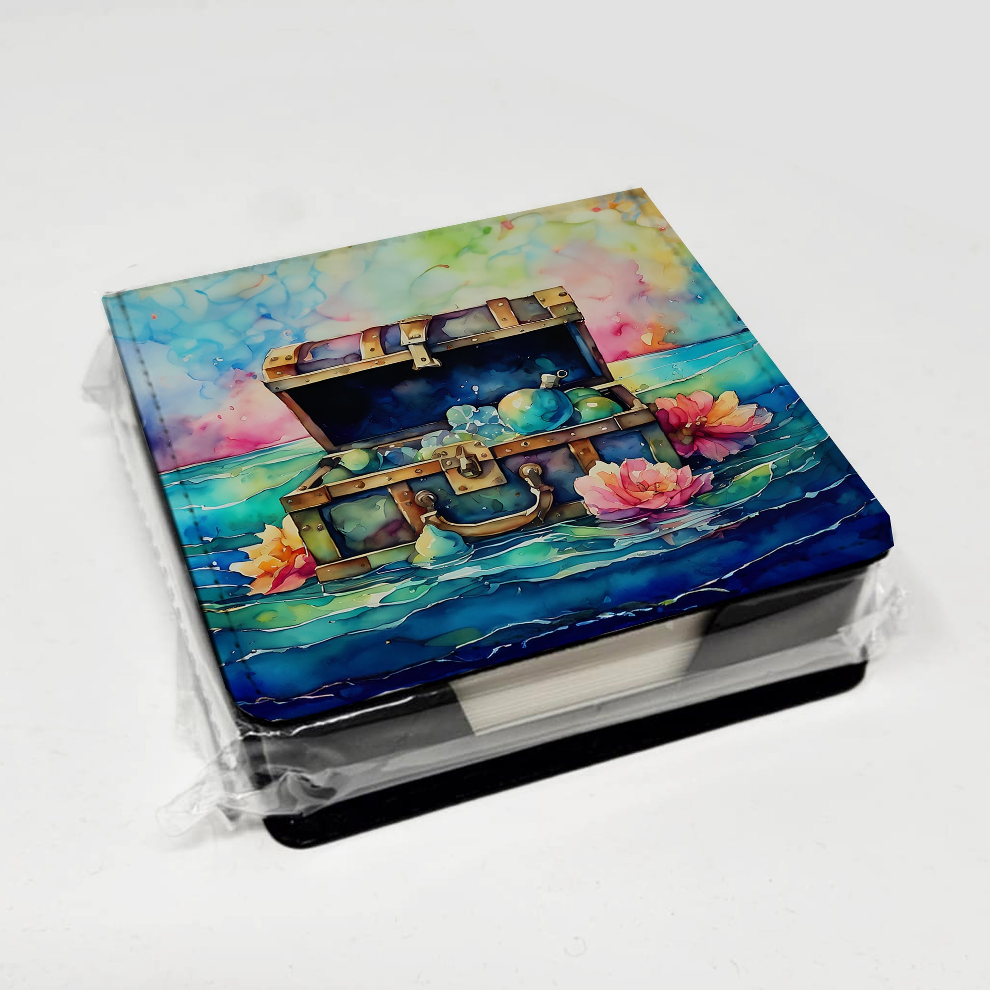 Treasure Chest PU Leather Note Paper Holder with Artist-Designed Cover, Desk Accessory, Office Gift