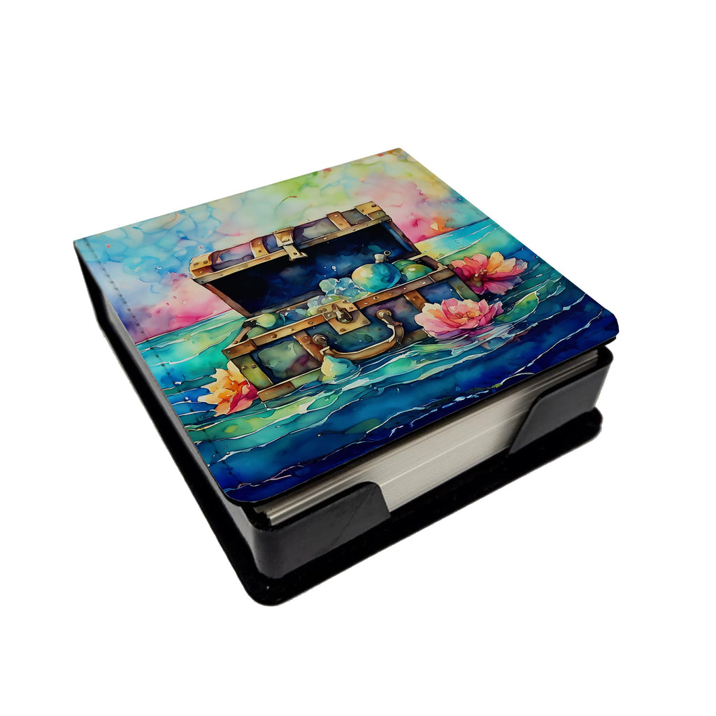 Treasure Chest PU Leather Note Paper Holder with Artist-Designed Cover, Desk Accessory, Office Gift