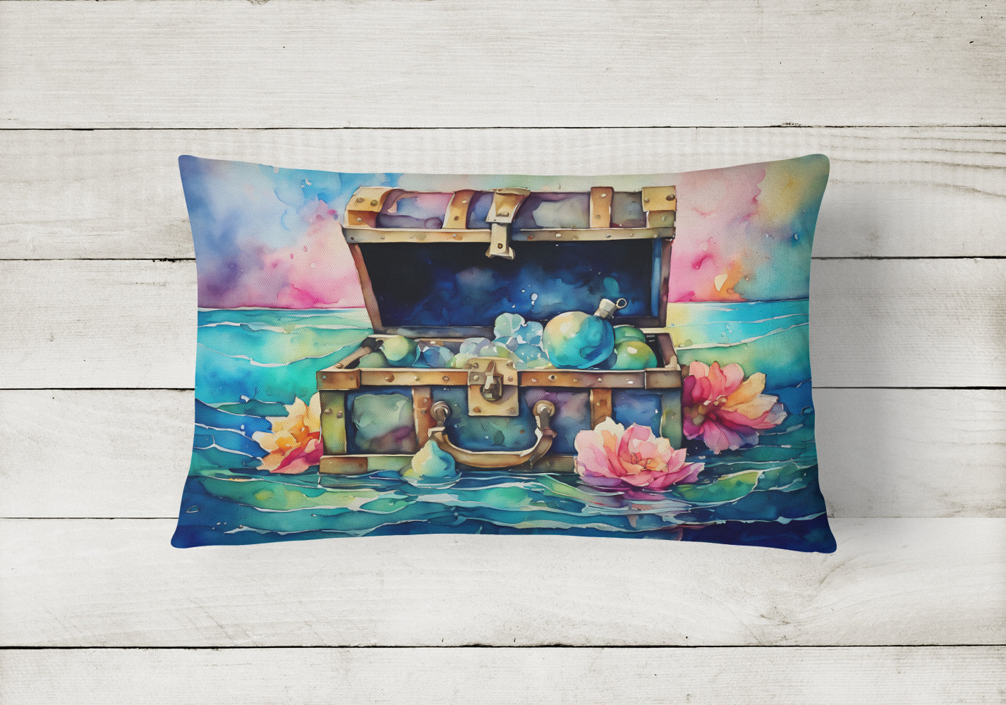 Treasure Chest Decorative Throw Pillow 12x16 Indoor Outdoor Accent Cushion, Fabric Cover with Insert for Sofa, Bed, Porch & Living Room