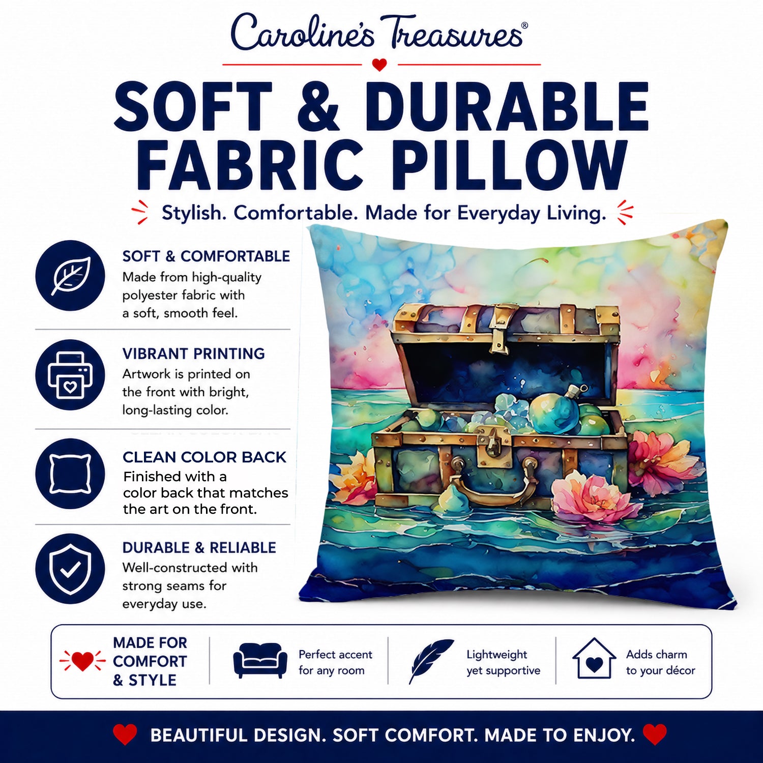 Treasure Chest Decorative Throw Pillow 14x14 Indoor Outdoor Accent Cushion, Fabric Cover with Insert for Sofa, Bed, Porch & Living Room