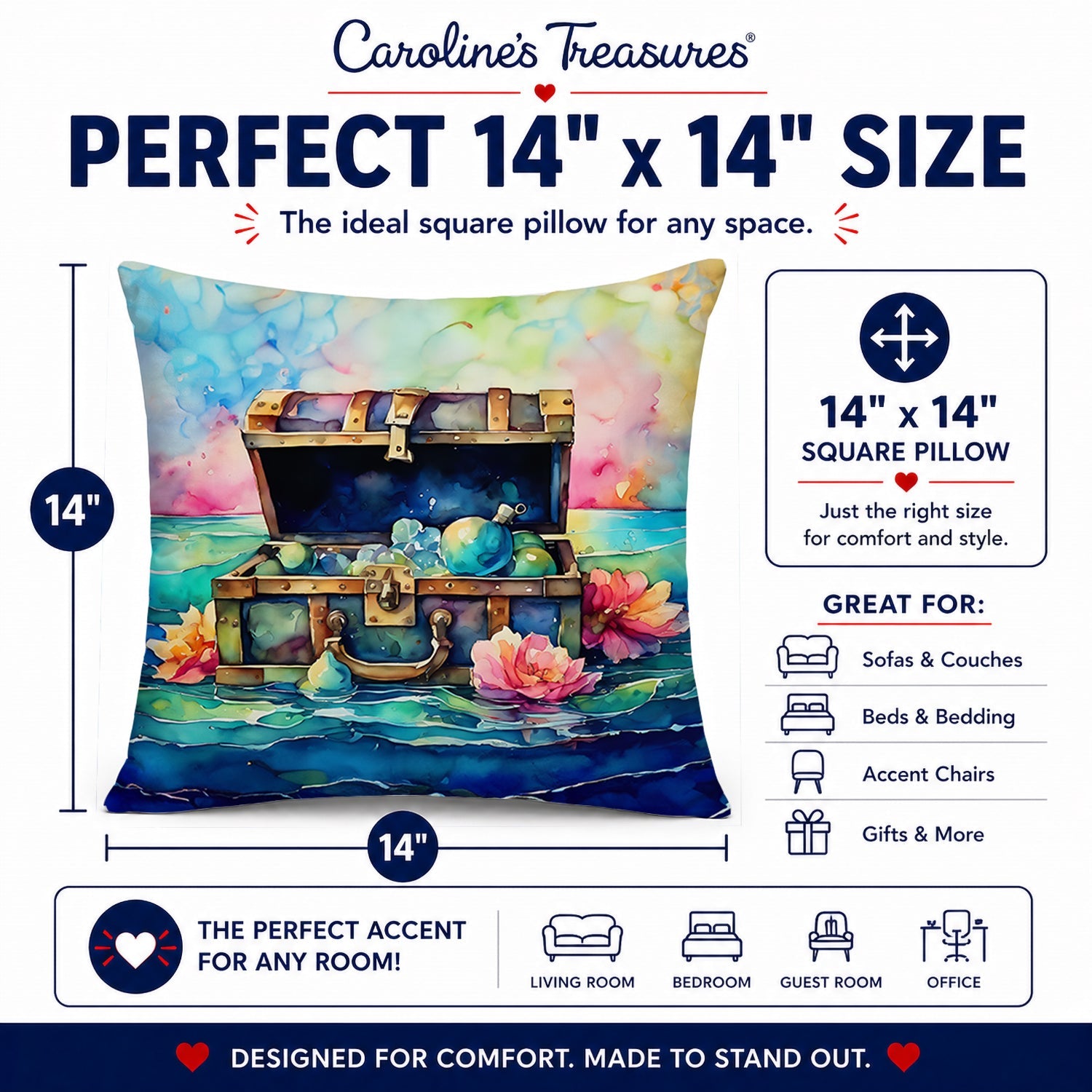 Treasure Chest Decorative Throw Pillow 14x14 Indoor Outdoor Accent Cushion, Fabric Cover with Insert for Sofa, Bed, Porch & Living Room
