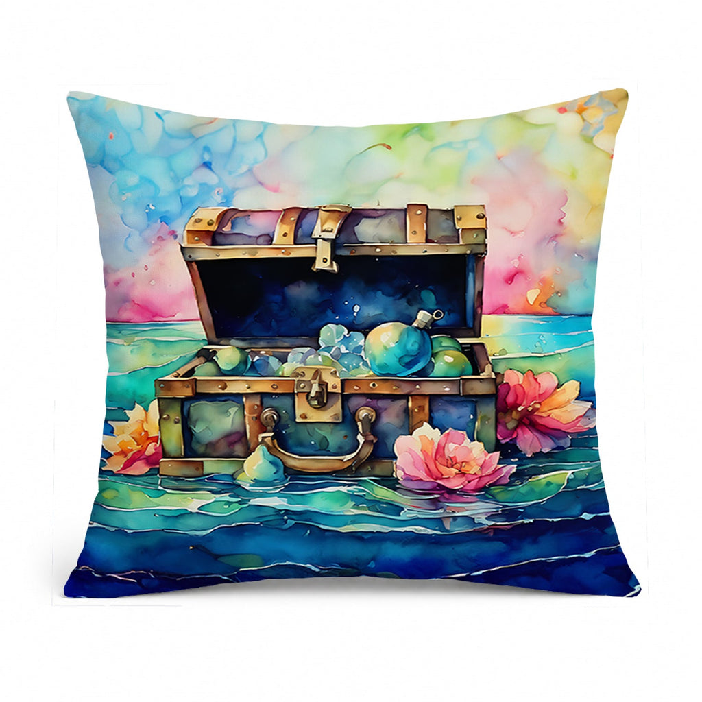 Treasure Chest Decorative Throw Pillow 14x14 Indoor Outdoor Accent Cushion, Fabric Cover with Insert for Sofa, Bed, Porch & Living Room