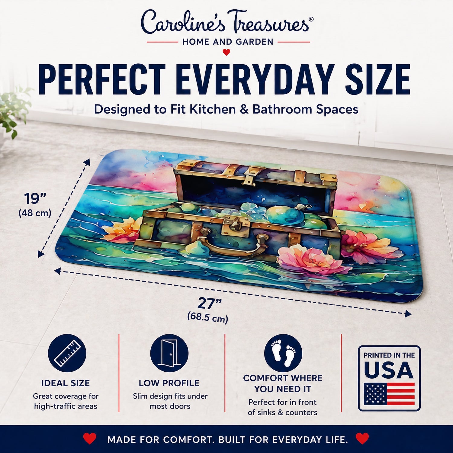 Treasure Chest Memory Foam Kitchen Mat Machine Washable Anti-Fatigue Cushion Comfort Bath or Kitchen Rug