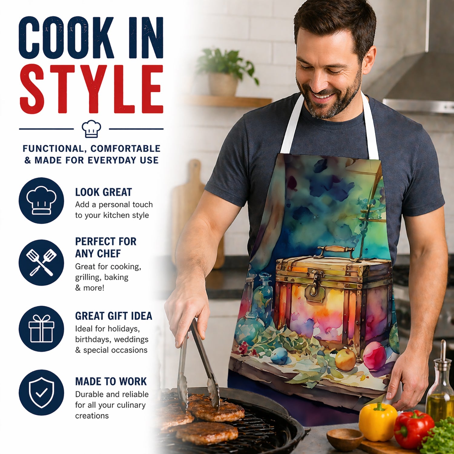 Treasure Chest Apron Cooking Kitchen Server Baking Crafts Gardening for Adult Women Men, Unisex, Large, Multicolor
