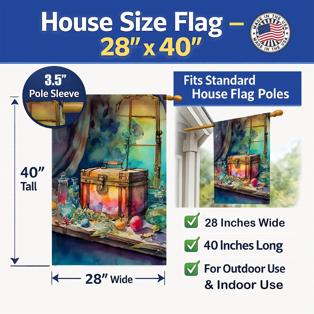 Treasure Chest House Flag 28x40 Porch Sleeve Pole Decorative Outside Yard Banner Artwork Wall Hanging, Polyester