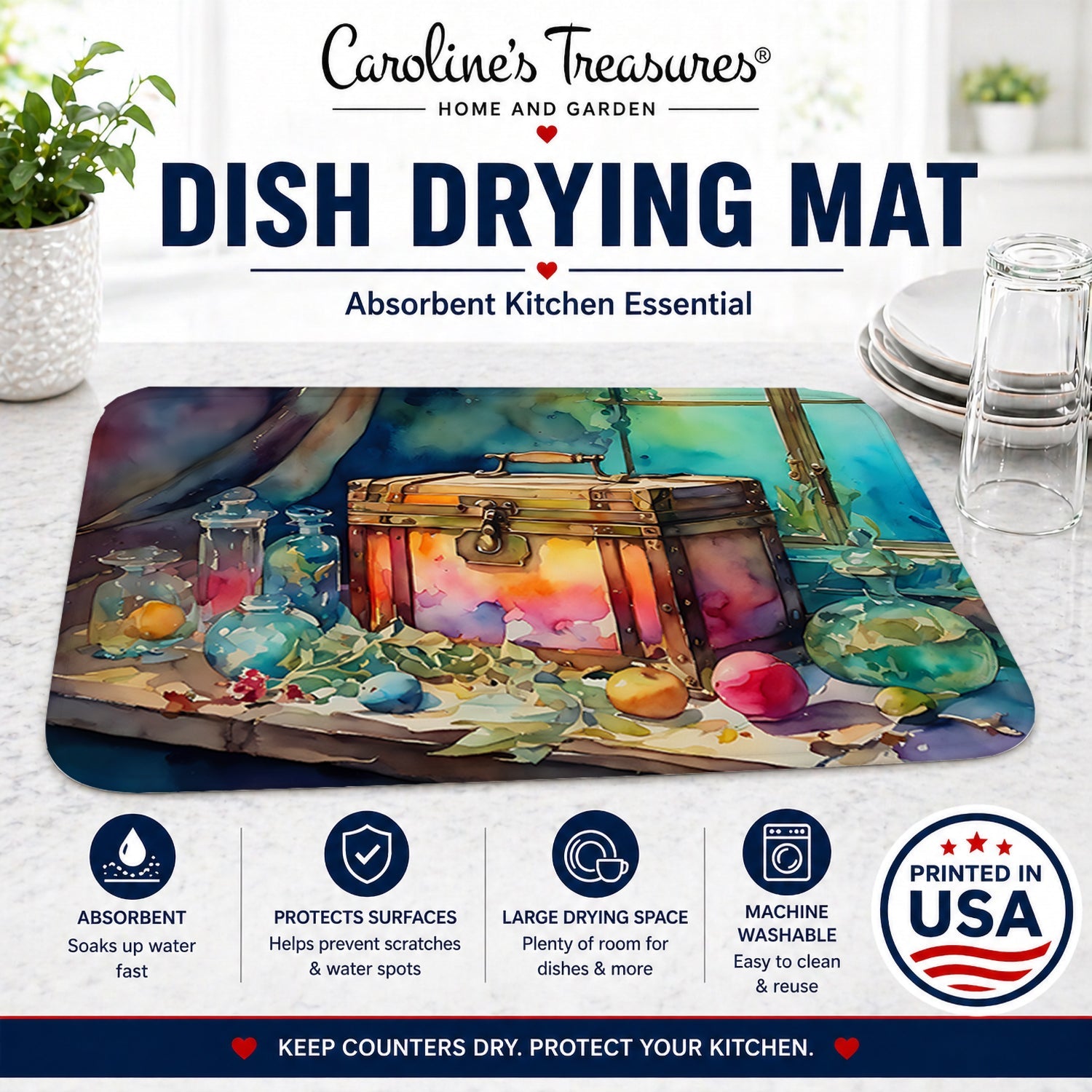Treasure Chest Dish Drying Mat Absorbent Dish Drying Mat Pad for Kitchen Counter Dish Drainer Mat for Countertop, 14 x 21", Multicolor