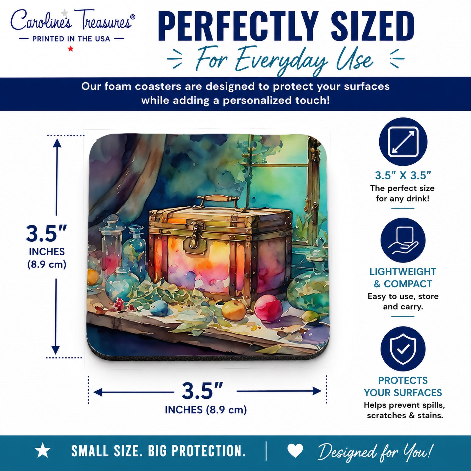 Treasure Chest Foam Coasters Set of 4 Cup Coasters for Indoor Outdoor, Tabletop Protection, Anti Slip, Mouse pad Material