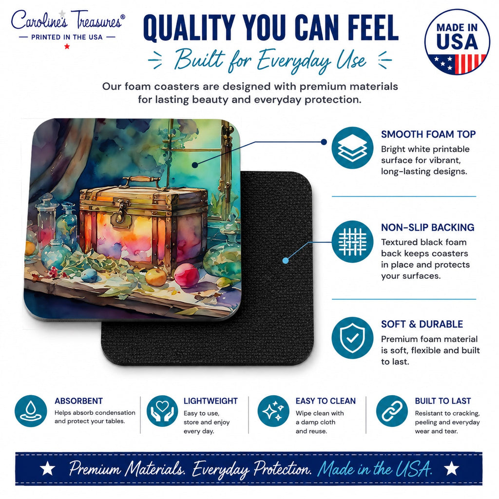 Treasure Chest Foam Coasters Set of 4 Cup Coasters for Indoor Outdoor, Tabletop Protection, Anti Slip, Mouse pad Material
