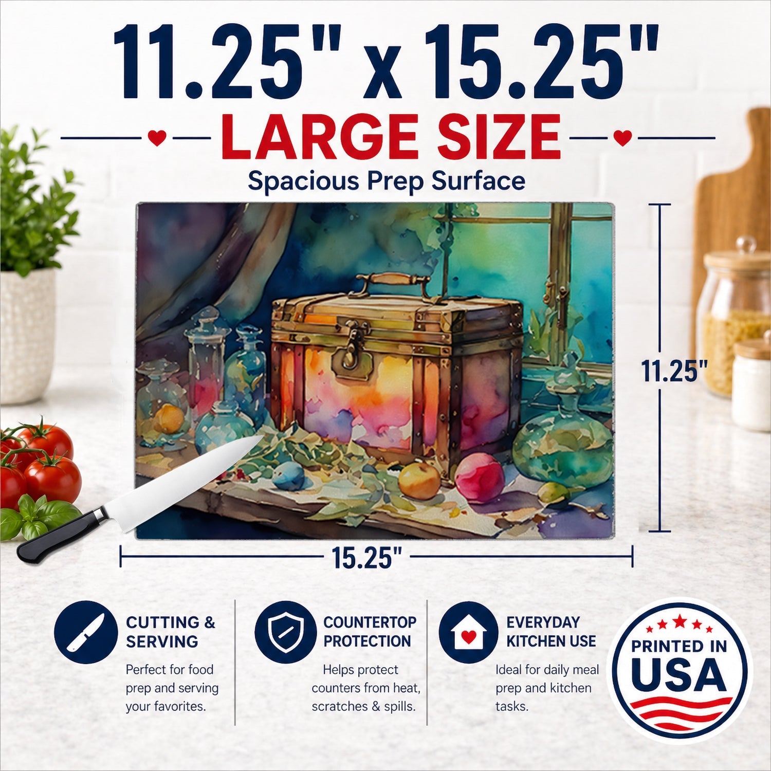 Treasure Chest Cutting Board Tempered Glass Kitchen Cutting Surface, Heat Resistant Chopping, Non-Slip Feet, Food Prep & Serving