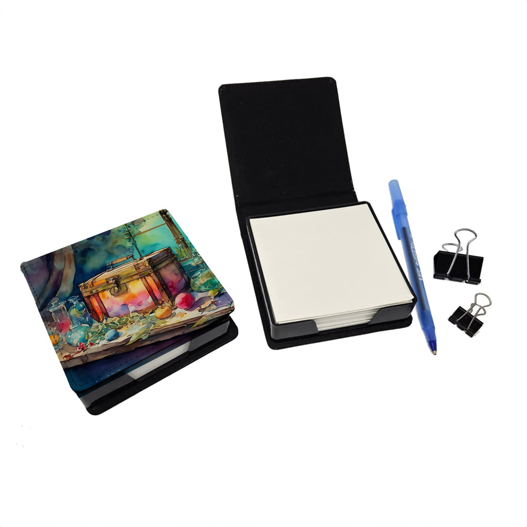 Treasure Chest PU Leather Note Paper Holder with Artist-Designed Cover, Desk Accessory, Office Gift