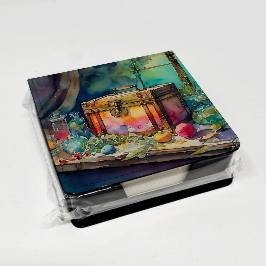 Treasure Chest PU Leather Note Paper Holder with Artist-Designed Cover, Desk Accessory, Office Gift