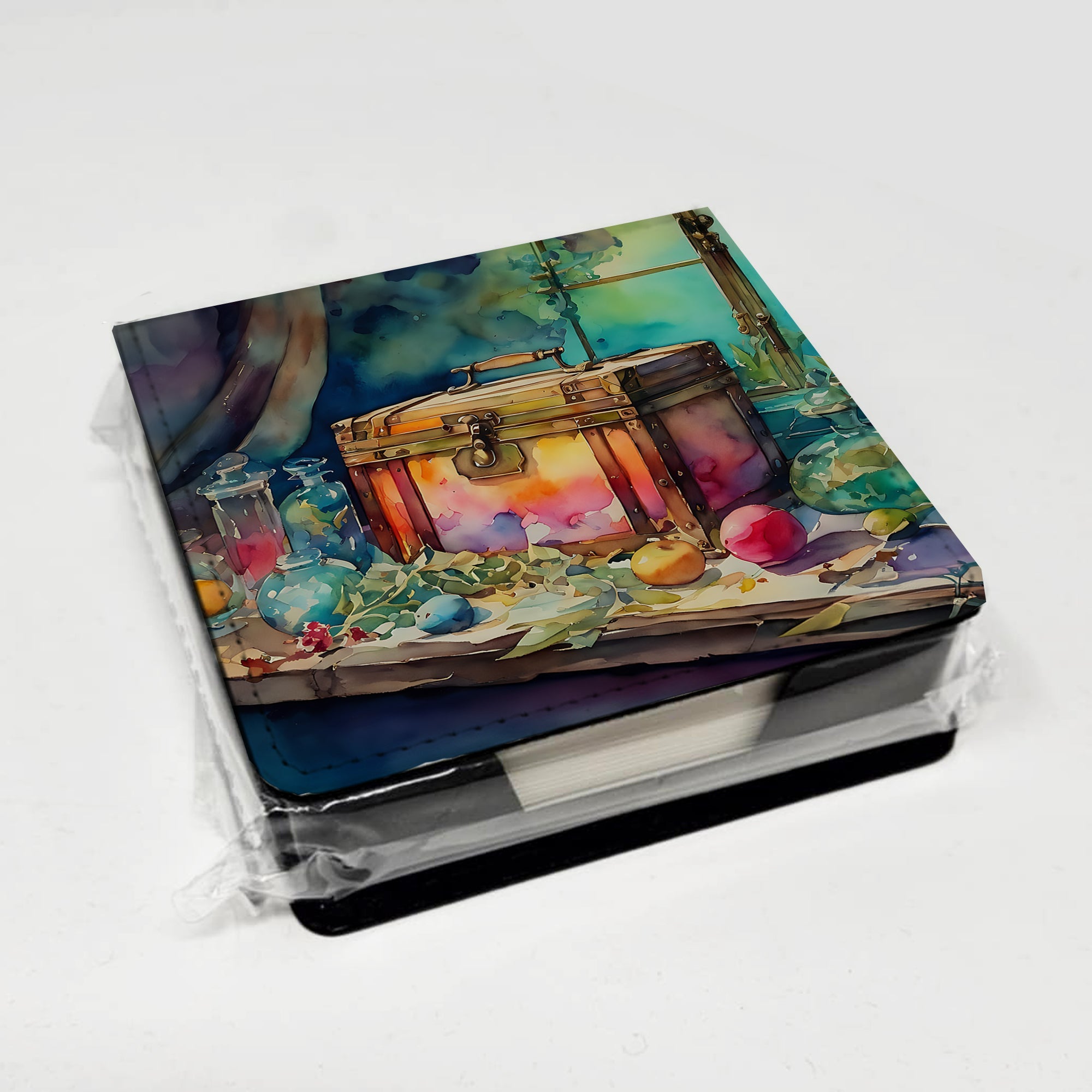 Treasure Chest PU Leather Note Paper Holder with Artist-Designed Cover, Desk Accessory, Office Gift