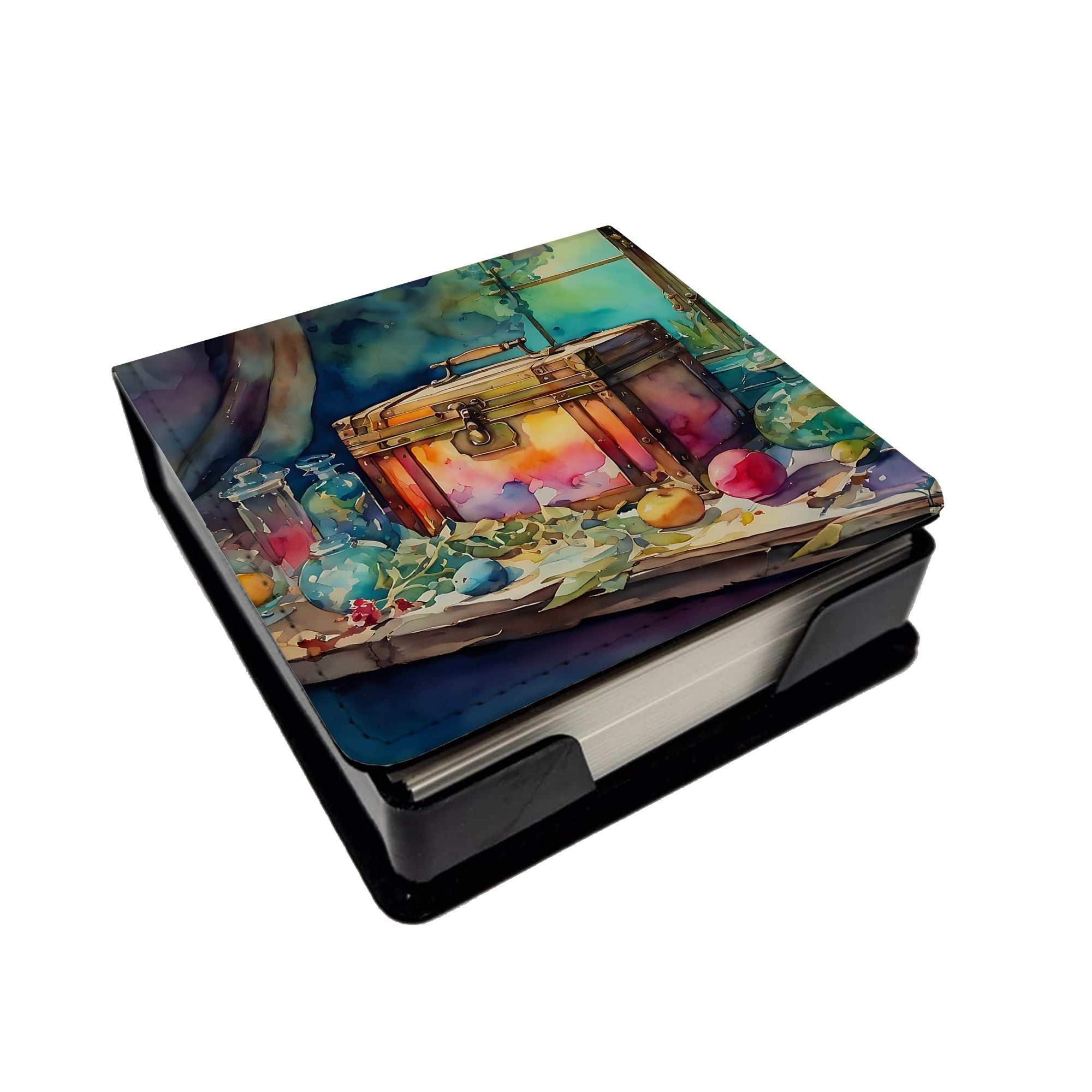 Treasure Chest PU Leather Note Paper Holder with Artist-Designed Cover, Desk Accessory, Office Gift